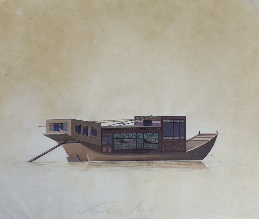 19th century Chinese School, nine gouaches on pith paper, Studies of water-going vessels, inscribed in Chinese and titled in English, giving the names and uses of the various vessels, 29 x 34cm